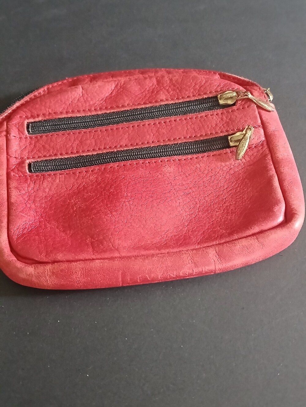 Levenger, Compact Red Double-Zip Cosmetic Pouch, Wallet, Leather